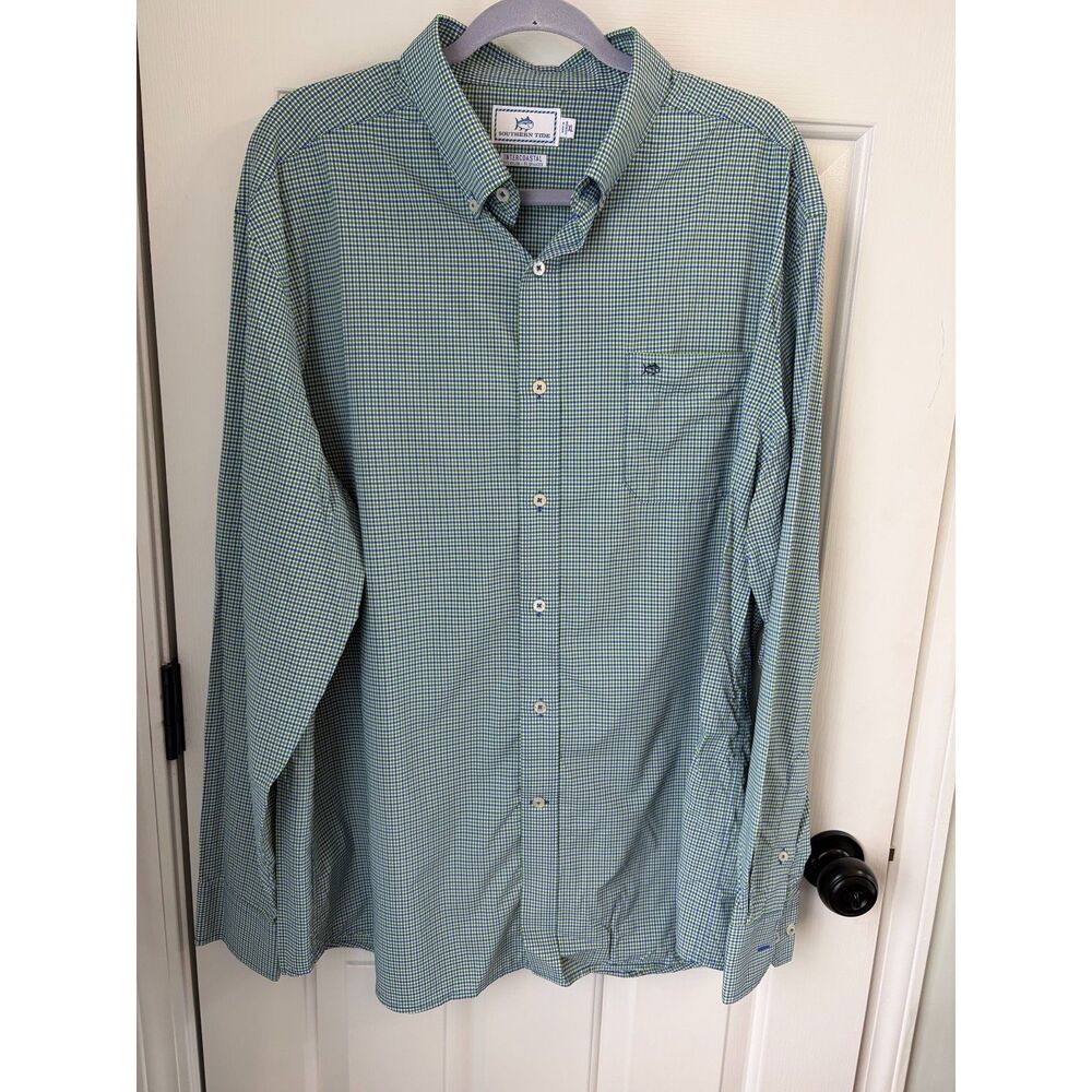 Southern Tide Men's Intercoastal Blue Green Gingham Plaid Button Down Size XL